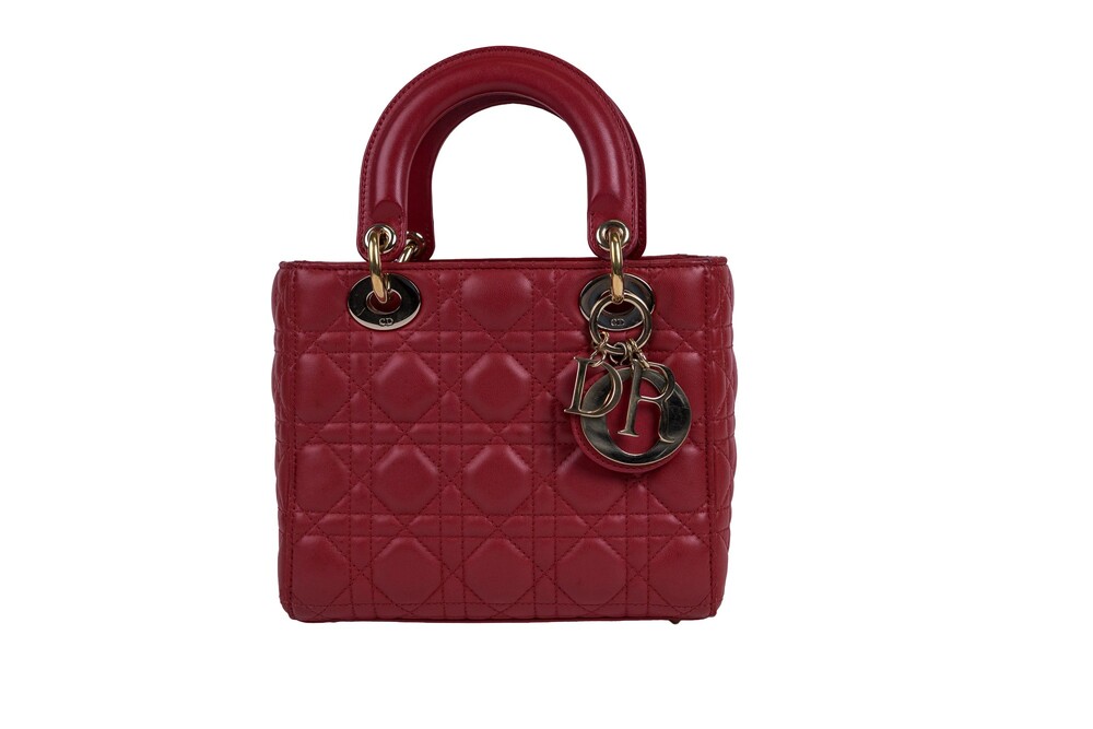 Christian Dior Red Lady Dior Top Handle Bag Cannage Quilted Lambskin Gold Hardwa